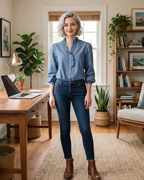 Exemple de rendu d’essayage : le même modèle porte une chemise bleue.
