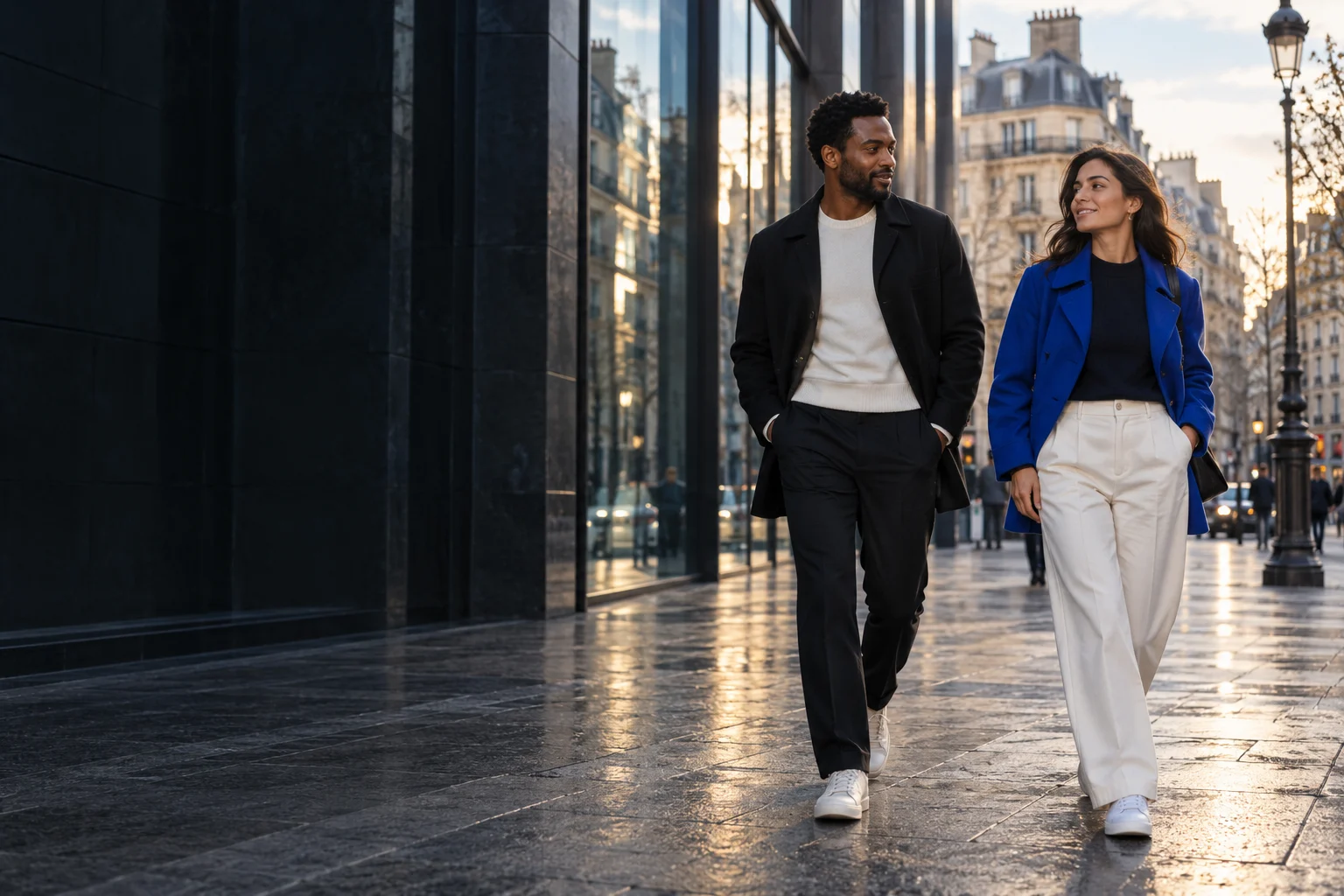 Un homme et une femme en tenues urbaines, avec une veste bleue, dans une rue contemporaine.