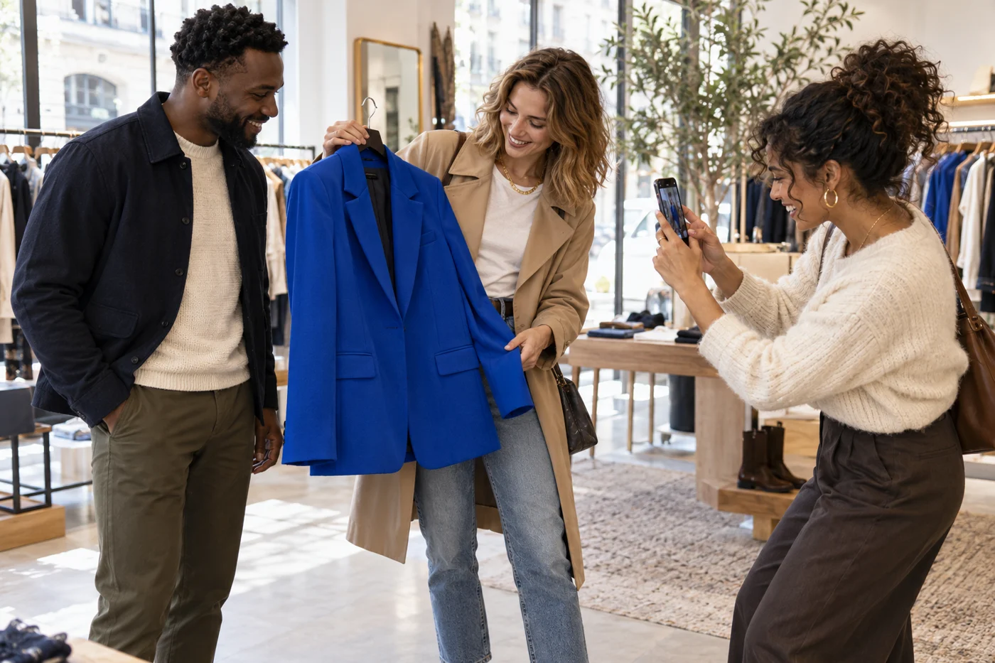 Des amis en boutique photographient une veste bleue pour s’inspirer et imaginer une tenue.