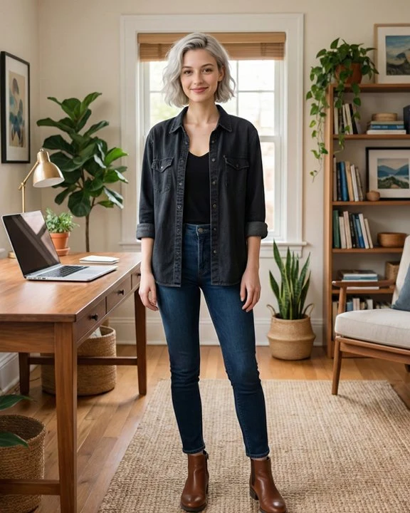 Photo de départ : une femme porte une surchemise noire et un jean.